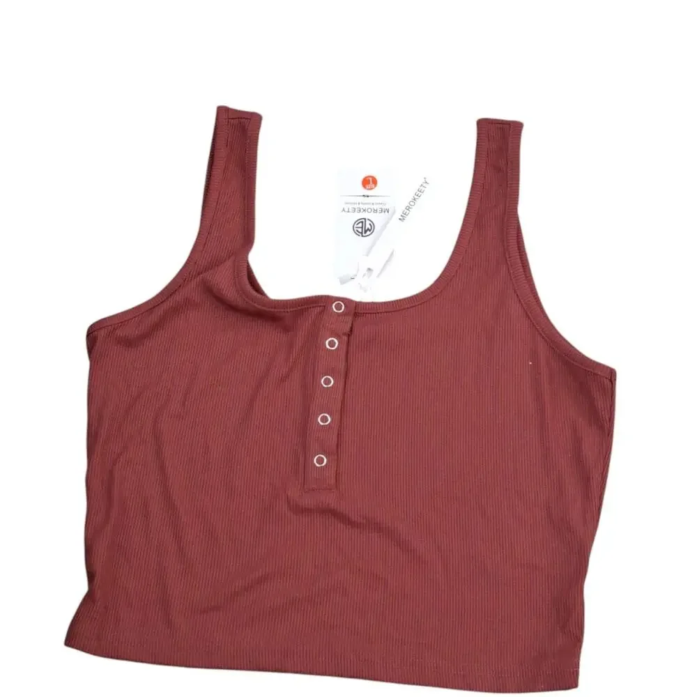 MEROKEETY Ribbed Tank Top and Shorts Maroon Lounge Set Size Large NWT